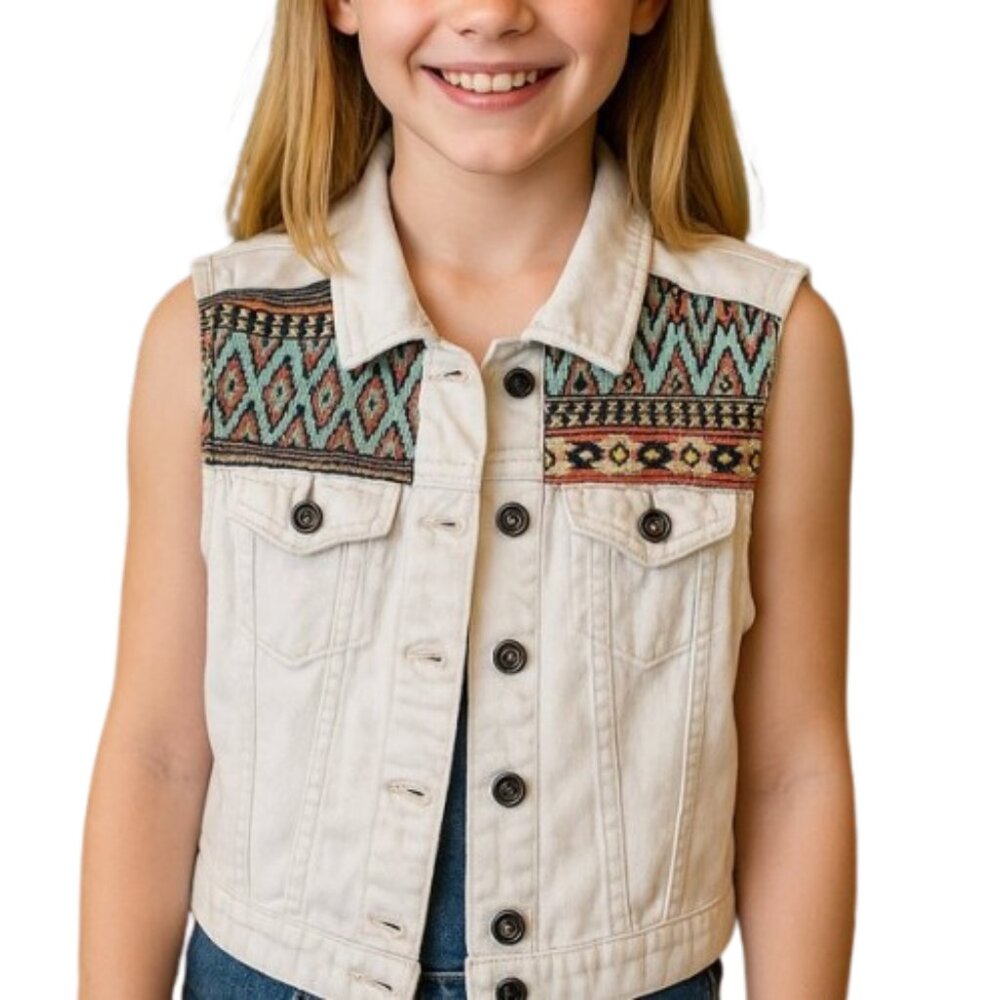 ChiQle Girls White Denim Vest Patched Button Down Collared Size Medium 7/8